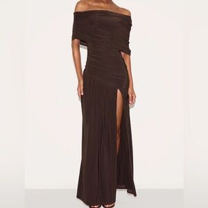 Chocolate Brown Double Layer Slinky Bardot One Shoulder Ruched Maxi Dress